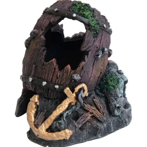 Deep Sea Aquariumdekoration Holzfass auf Felsen 13x12.5x13cm